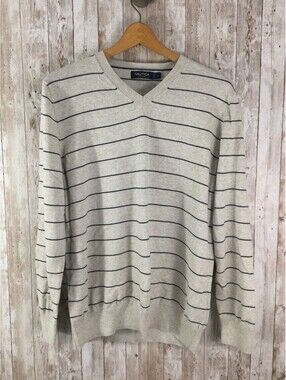 Nautica Men's Striped Sweater Large Blue Oatmeal Stripe V neck 100% Cotton NICE